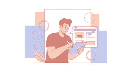 Digital Artist Using Tablet Design Interface in Creative Artistic Composition Illustration