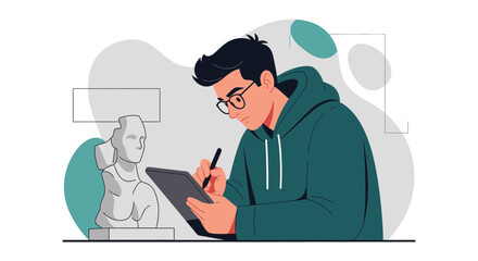 Digital Artist Using Tablet Design Statue With Modern Illustrated Flat Graphic Style