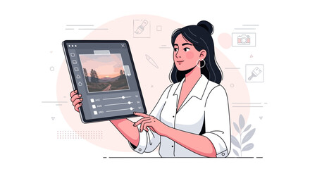 Digital Artist Using Tablet to Manipulate Landscape Image for Creative Design Work