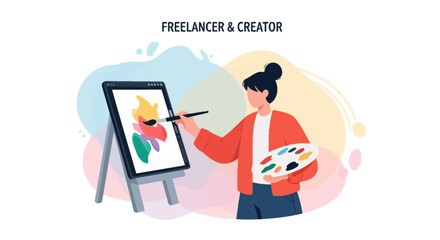 Digital Artist Using Tablet Paints Colorful Graphics Illustrating Creative Freelancer Activity
