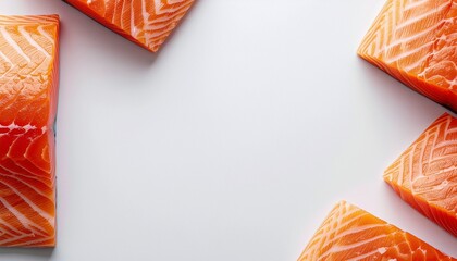Fresh raw salmon fillets arranged as a frame on a clean white background, perfect for culinary and healthy eating concepts with copy space