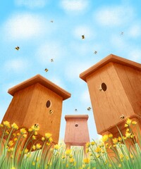 Watercolor illustration of beehives.
A wildflower landscape in a childish style. The drawing is perfect for postcards.