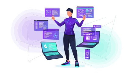 Digital Technology Worker Managing Data Flow And Code On Different Devices
