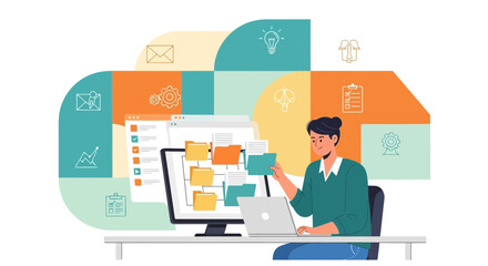 Digital Workspace: Modern Worker Managing Data And Information On A Desktop Computer