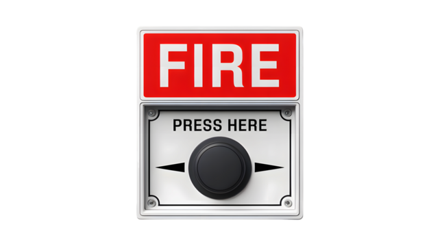 A close up of a fire alarm pull station with a red sign and a button that says press here on it