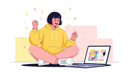 Excited Female Celebrates Success After Seeing Project Completion on Laptop Display