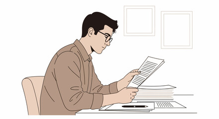 Focused Individual Examines Documents, Immersed In Deep Research or Analysis Task