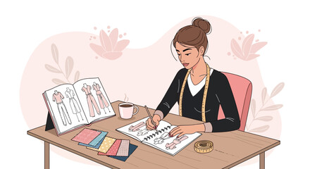 Fashion Designer Working On New Garments, Sketching Design Ideas And Making Selections