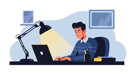 Focused Individual Working late On Laptop, illuminated by Desk Lamp in a Modern Office Environment