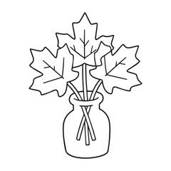 Beautiful Maple Leaf Bouquet in Vase Outline for Creative Autumn Coloring Page. 