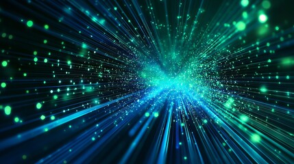 Dynamic abstract explosion of blue and green light particles, representing data streams and technological innovation in a futuristic digital universe.