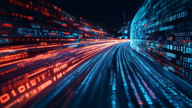 Dynamic digital stream of binary code flowing at incredible speed, representing data transfer and modern technology.