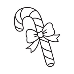  Bold Outline Christmas Candy Cane with Bow Coloring Book Illustration on White Background. 