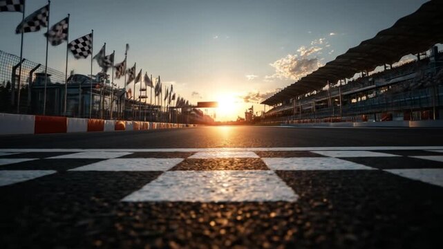 Low sun over a racing track; checkered asphalt foreground, empty stands, fluttering flags on horizon