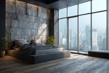 Luxurious bedroom with stone wall and cityscape view.