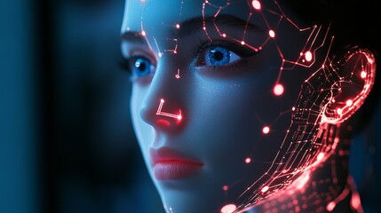 Stunning AI digital portrait with glowing neural network overlays and vibrant blue eyes evokes futuristic intelligence and advanced technology