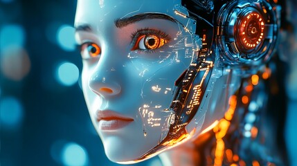 Captivating cyborg woman with glowing orange eyes and intricate circuitry embodies future technology and artificial intelligence innovation