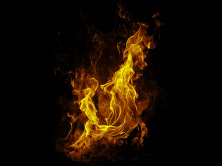 Golden fire flames dance against a dark backdrop, creating a mesmerizing spectacle