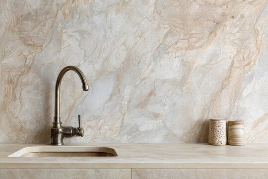 Kitchen faucet and sink against a marbled backsplash with decorative jars.