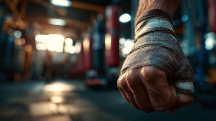 Intense focus and determination radiates from this fighter's wrapped fist, ready to conquer challenges in boxing ring and life, strength and resilience shown