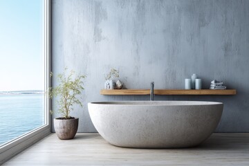 Contemporary bathroom features a freestanding tub with ocean view.