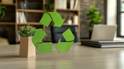 Vibrant green recycling symbol prominently displayed on a modern desk with a laptop and plant, promoting eco-friendly business practices and sustainability initiatives.