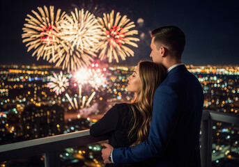Obraz premium A couple watching a fireworks display at night, the sky illuminated with bursts of red and white fireworks