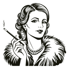 Elegant, vintage black and white illustration of a glamorous woman in a fur stole and pearls, holding a cigarette holder. 1920s, sophistication, and timeless style.
