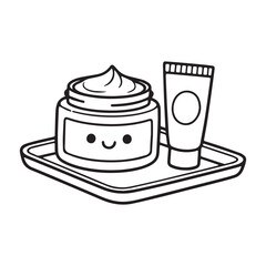 Cute Skincare Jar and Lotion Outline on Tray for Relaxing Coloring Page.