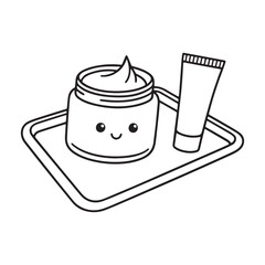 Cute Skincare Jar and Lotion Outline on Tray for Relaxing Coloring Page.