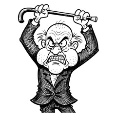 Furious, angry old man in a suit clenching his teeth and raising a cane over his head, captured in an aggressive, detailed black and white vintage cartoon/caricature style.
