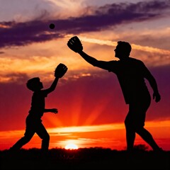 저녁노을속아버지와아들의야구놀이실루엣