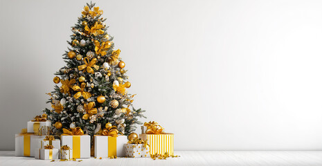 The image shows a beautifully decorated Christmas tree adorned with golden ribbons and ornaments. Around the base of the tree, there are several neatly wrapped gift boxes in gold and white, each tied 