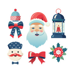Fototapeta premium Cute cartoon Santa Claus and snowman set of Christmas icons with holiday decorations and gifts for the winter season