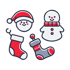 Fototapeta premium Christmas holiday cartoon illustration featuring Santa Claus, a snowman, and gifts