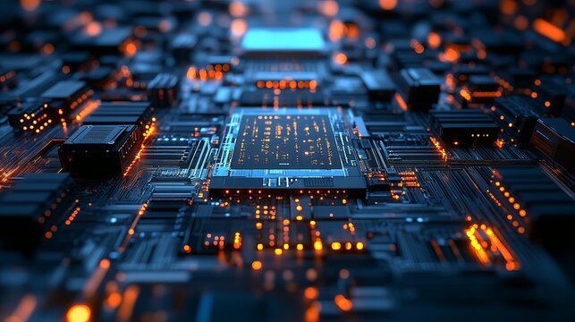 Futuristic circuit board glows with vibrant orange and blue lights, representing advanced technology and digital innovation