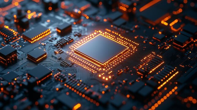 Capturing the vibrant pulse of cutting edge technology, this stunning circuit board glows with futuristic orange energy and intricate digital pathways