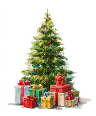The image shows a beautifully decorated Christmas tree adorned with golden ribbons and ornaments. Around the base of the tree, there are several neatly wrapped gift boxes in gold and white, each tied 