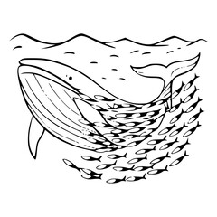 Stylized outline drawing of a large whale swimming with a school of small fish, symbolizing marine life, ocean ecology, harmony, and interconnectedness. Perfect for environmental themes.