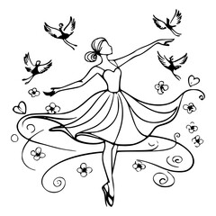 Elegant line art sketch of a ballerina en pointe surrounded by birds, flowers, and swirling ribbons. Symbolizes grace, freedom, movement, art, and romantic innocence.