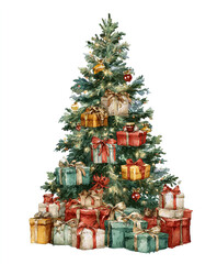 The image shows a beautifully decorated Christmas tree adorned with golden ribbons and ornaments. Around the base of the tree, there are several neatly wrapped gift boxes in gold and white, each tied 