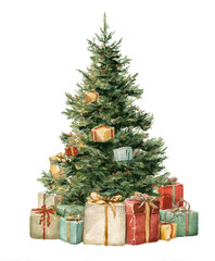The image shows a beautifully decorated Christmas tree adorned with golden ribbons and ornaments. Around the base of the tree, there are several neatly wrapped gift boxes in gold and white, each tied 