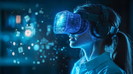Immersive virtual reality experience unfolds as a woman dons a glowing headset, surrounded by digital data streams and futuristic interfaces.