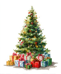 The image shows a beautifully decorated Christmas tree adorned with golden ribbons and ornaments. Around the base of the tree, there are several neatly wrapped gift boxes in gold and white, each tied 