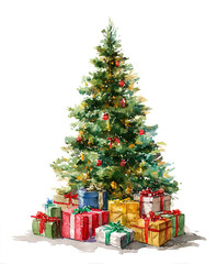 The image shows a beautifully decorated Christmas tree adorned with golden ribbons and ornaments. Around the base of the tree, there are several neatly wrapped gift boxes in gold and white, each tied 