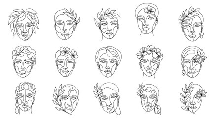 Set of 15 continuous one-line drawings of diverse feminine faces and heads adorned with leaves, flowers, and laurels. Modern, minimalist abstract art of beauty and nature.