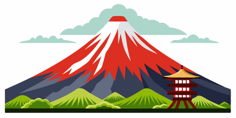 Stylized flat vector illustration of Mount Fuji, the iconic Japanese mountain, with a red, snowy peak, lush green foothills, and a traditional pagoda building in the foreground.