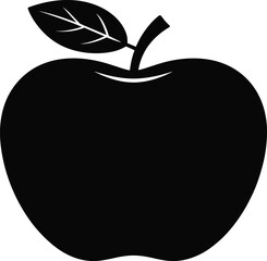 Black Apple Silhouette Icon with Leaf Isolated on White Background for Health, Nutrition, Education, Minimalist Design and Branding