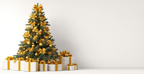 The image shows a beautifully decorated Christmas tree adorned with golden ribbons and ornaments. Around the base of the tree, there are several neatly wrapped gift boxes in gold and white, each tied 