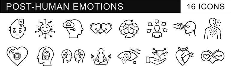 Set of 16 line icons illustrating post-human emotions and transhumanism concepts. Symbols for enhanced feelings, augmented mind, bio-hacking, and futuristic psychological states.